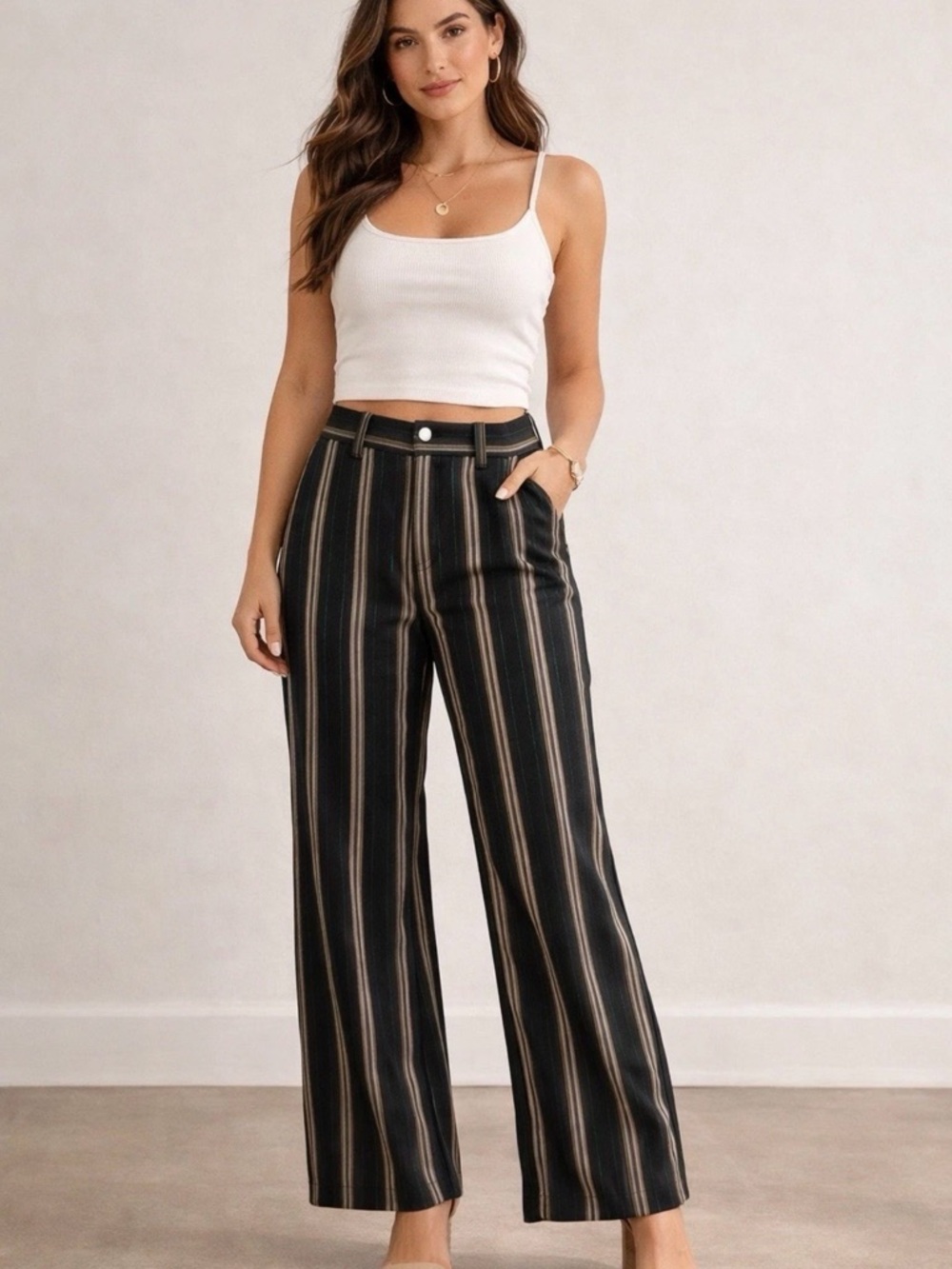 Urban Outfitters Striped Pants Women Size 4 Black Wide Leg High Rise Casual